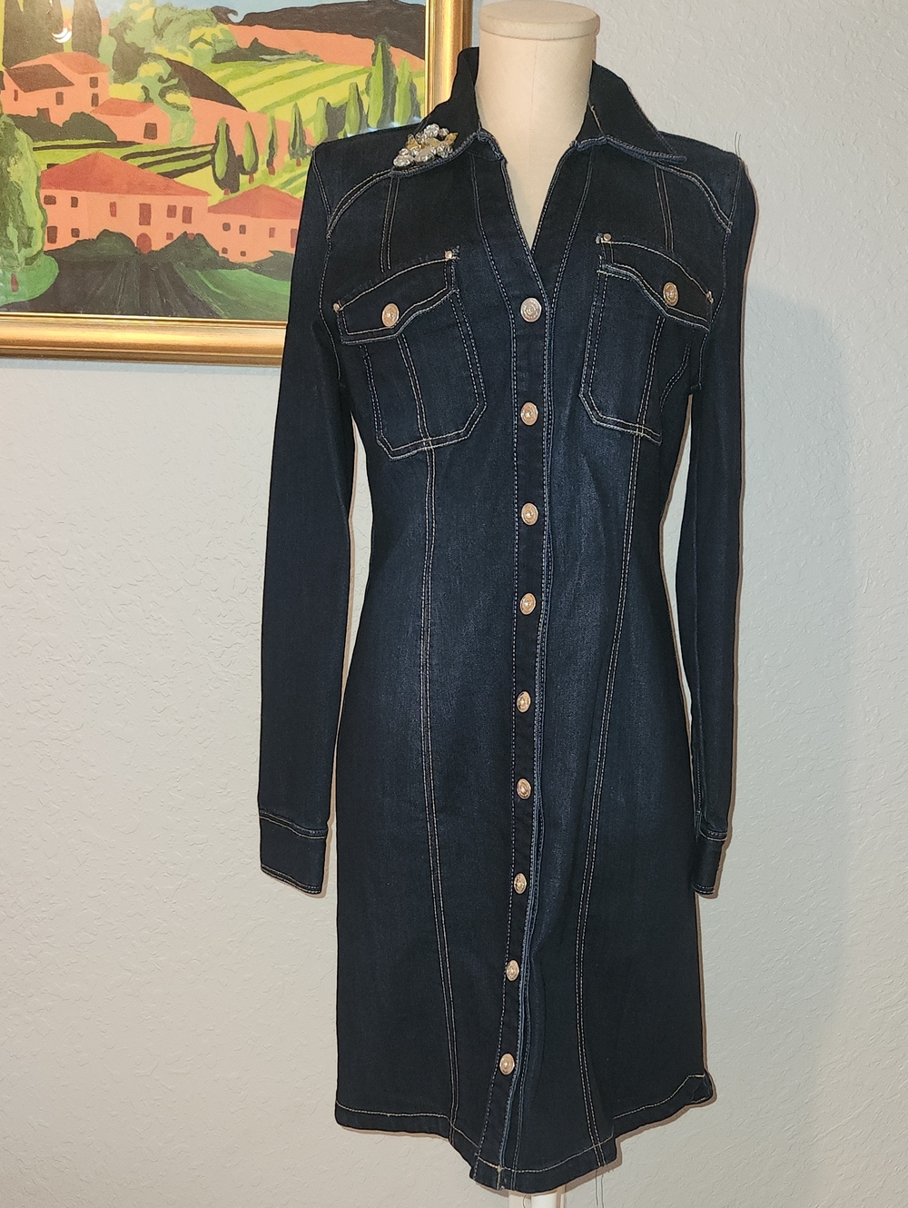 INC International Concepts Dark Indigo Button-Front Denim Shirt Dress